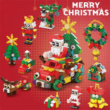 Ensemble lego moc village père noël avec figurine santa claus en traîneau rouge et décorations festives en lego