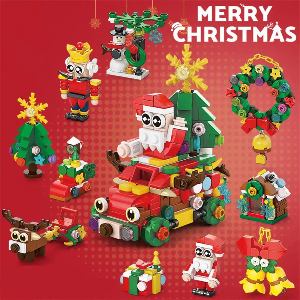Ensemble lego moc village père noël avec figurine santa claus en traîneau rouge et décorations festives en lego