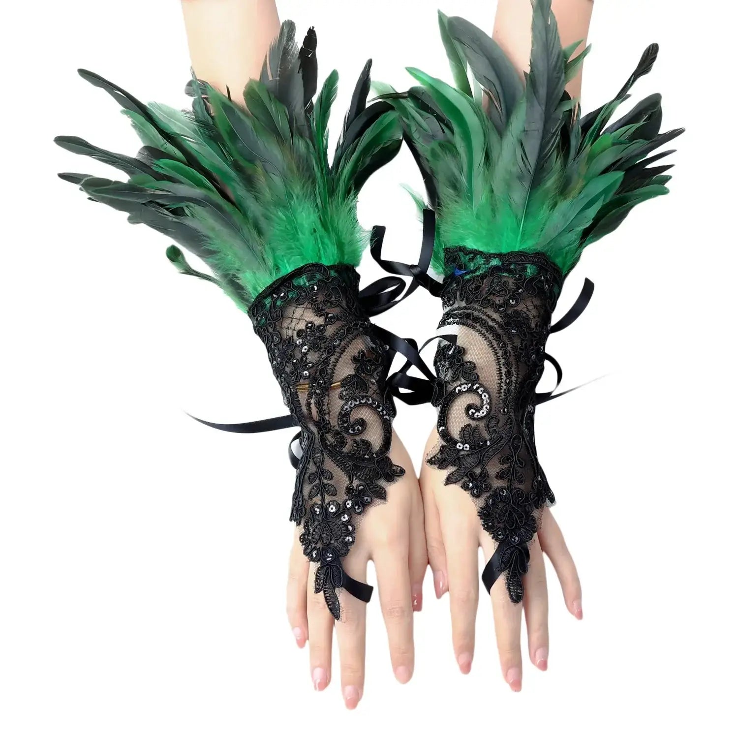 Gants en plumes bal masqué noirs en dentelle avec mitaines élégantes à plumes vertes et ornements brillants au poignet