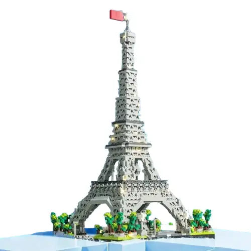 Modèle gray micro mini blocs tour eiffel led with red flag and green trees at base