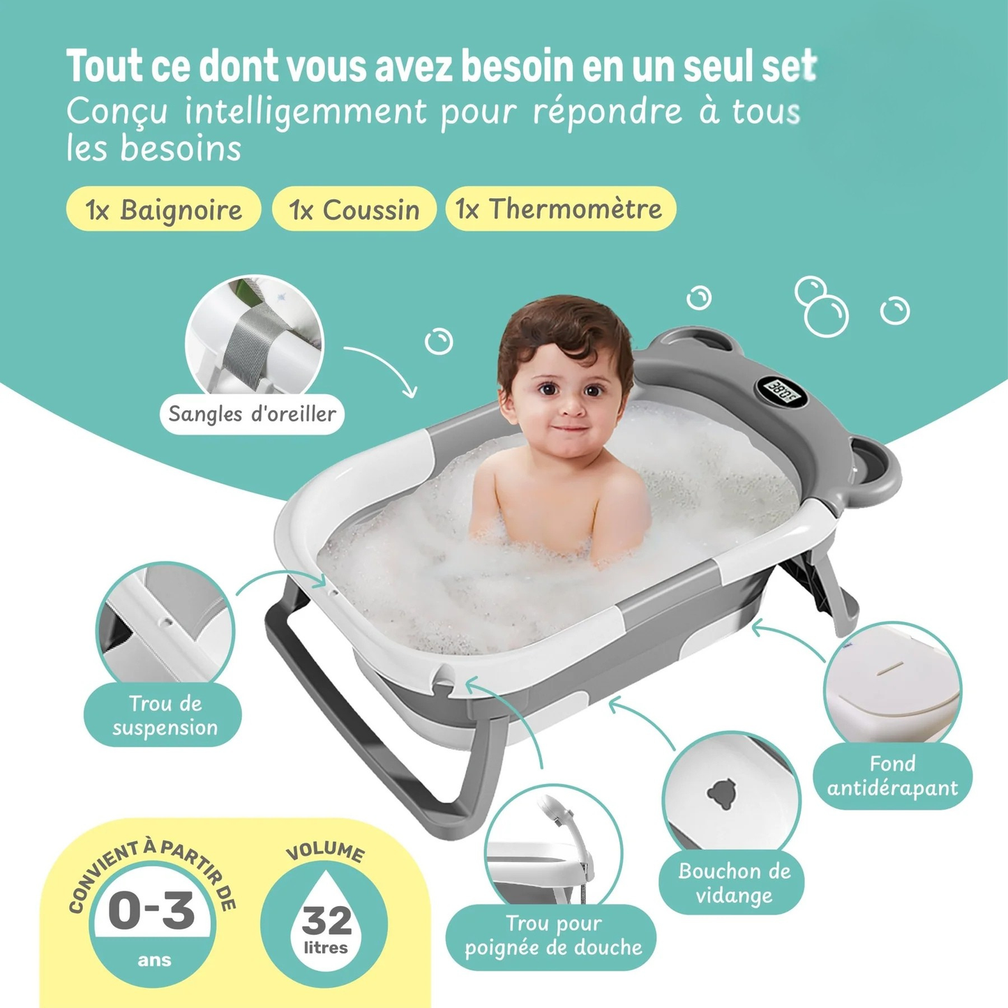 Baignoire Bébé Pliable avec Coussin et Thermomètre