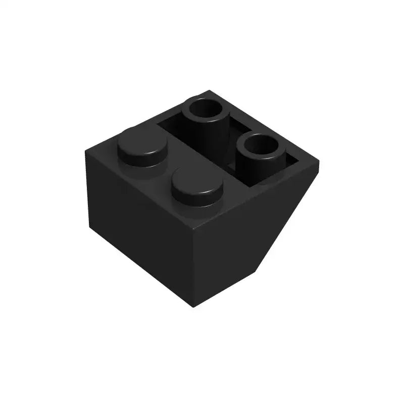 Brique lego 2x2 noire en plastique avec deux plots ronds et deux trous cylindriques pour lego 2x2 pente inversée