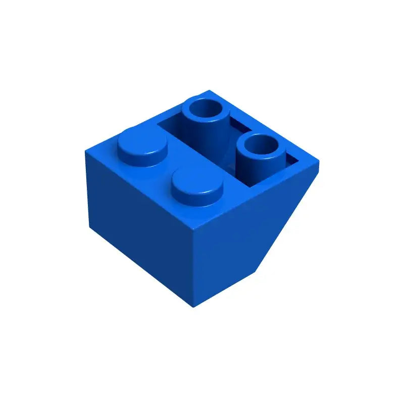 Brique lego 2x2 en plastique bleu avec deux plots ronds et deux trous cylindriques pente inversée
