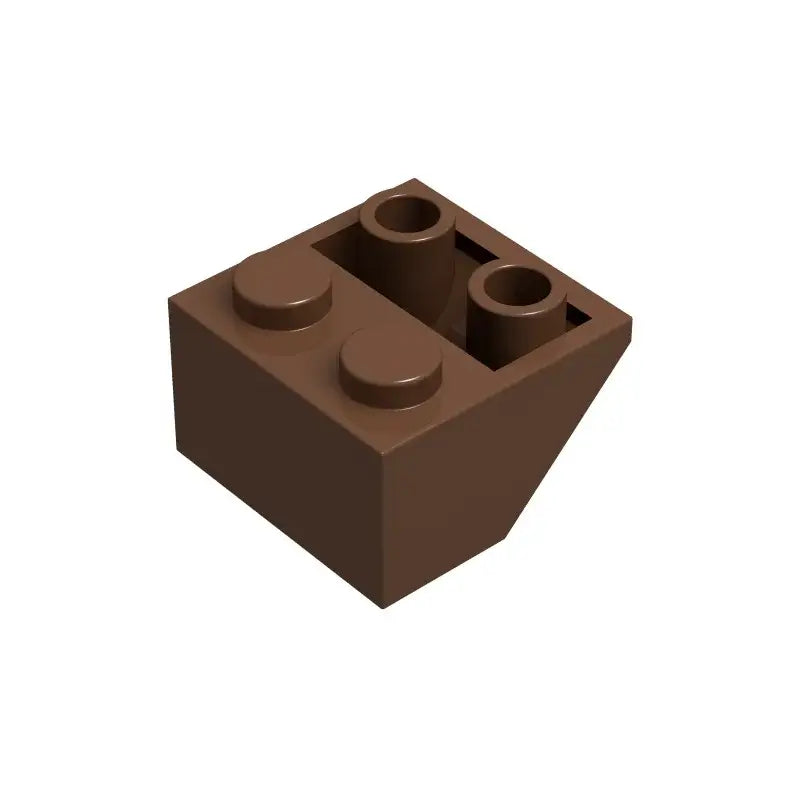 Brique lego 2x2 pente inversée marron en plastique avec deux tenons ronds et deux trous cylindriques vue arrière