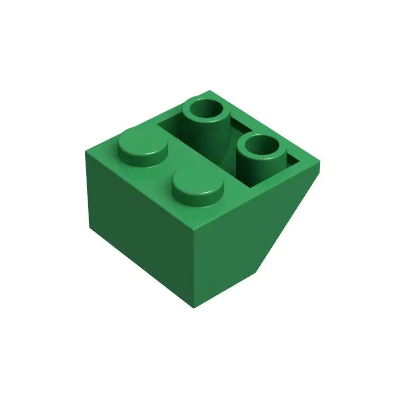 Brique lego 2x2 verte avec deux tenons circulaires et deux trous cylindriques pour pente inversée moc