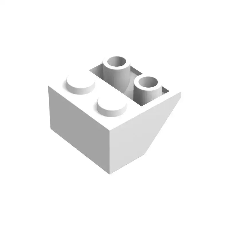 Brique lego 2x2 blanche en plastique avec deux studs circulaires et trous cylindriques pour lego 2x2 pente inversée