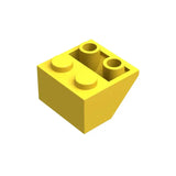 Brique lego 2x2 jaune vif avec deux plots circulaires et deux trous cylindriques pour pente inversée lego 2x2 pente