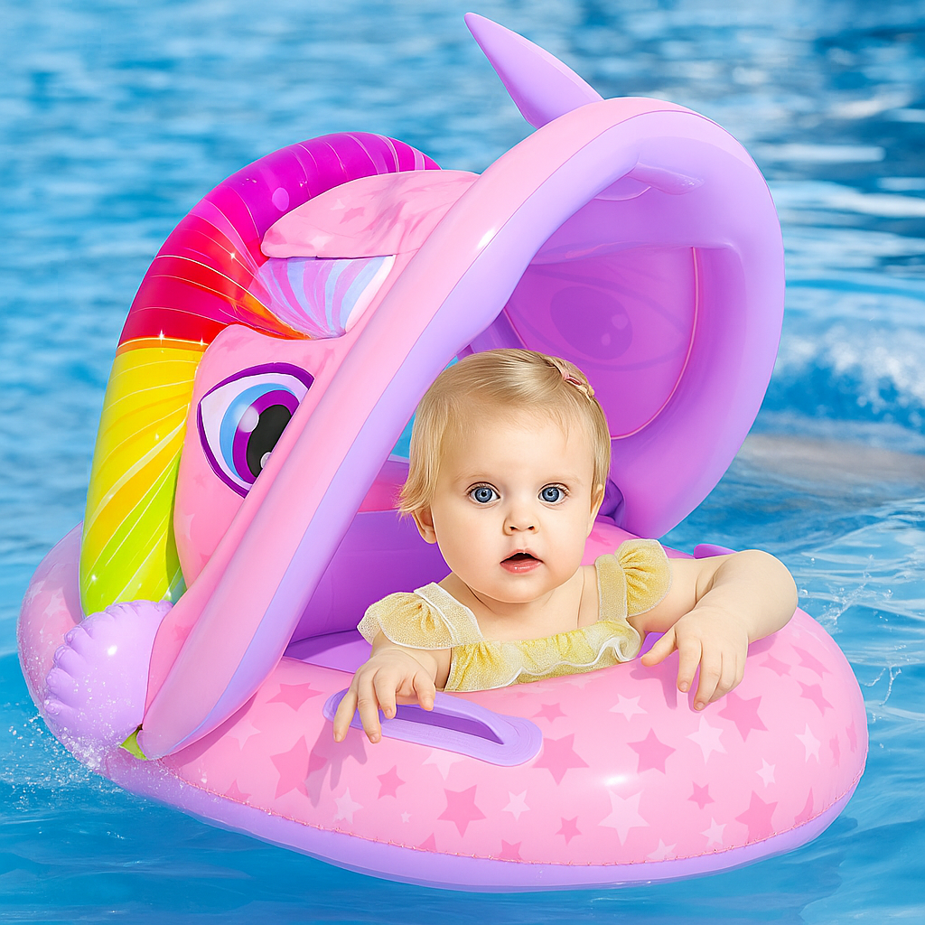 Inflatable Baby Float with Unicorn and Dinosaur Canopy