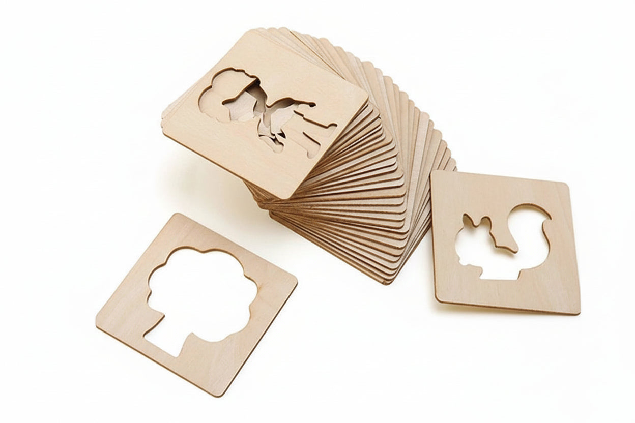 Pochoirs en Bois Montessori pour Enfants – 20 pièces + 3 stylos colorés
