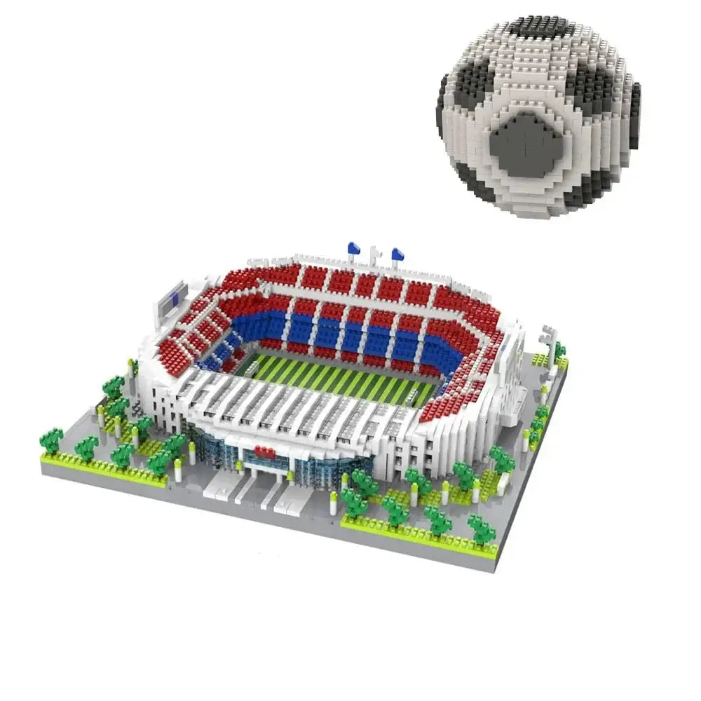Modèle miniature nanoblock ballon de foot stade en briques plastiques rouges et bleues avec terrain vert détaillé