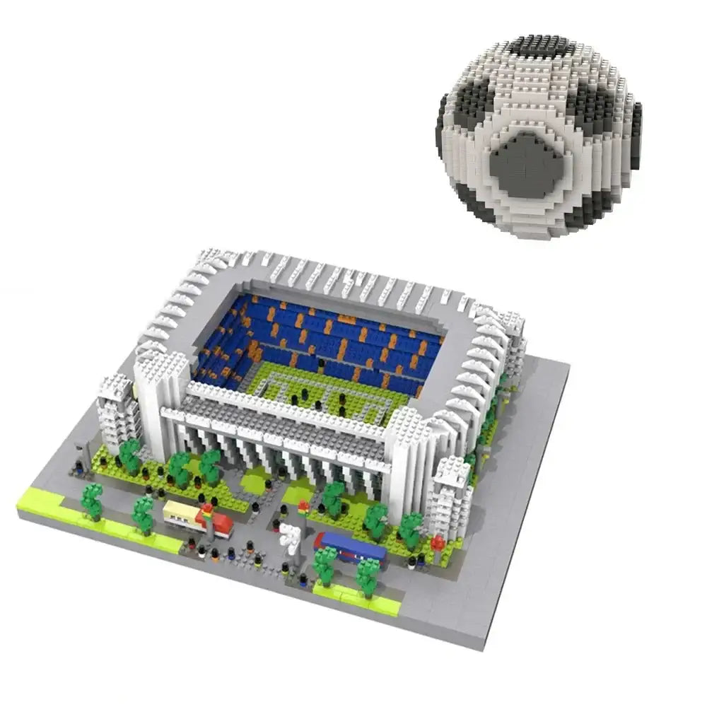 Modèle nanoblock ballon de foot stade en lego blanc et gris avec sièges bleus, pelouse verte et arbres miniatures