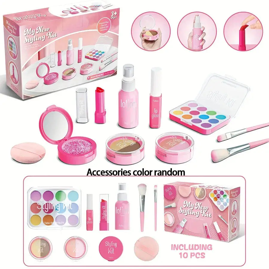 Coffret maquillage enfant en plastique rose avec pinceaux et accessoires pour jeu d’imitation et jouet maquillage enfant