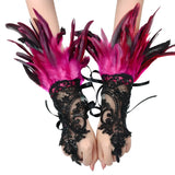 Gants en plumes bal masqué mitaines élégantes en dentelle noire ornées de plumes roses et violettes vibrantes