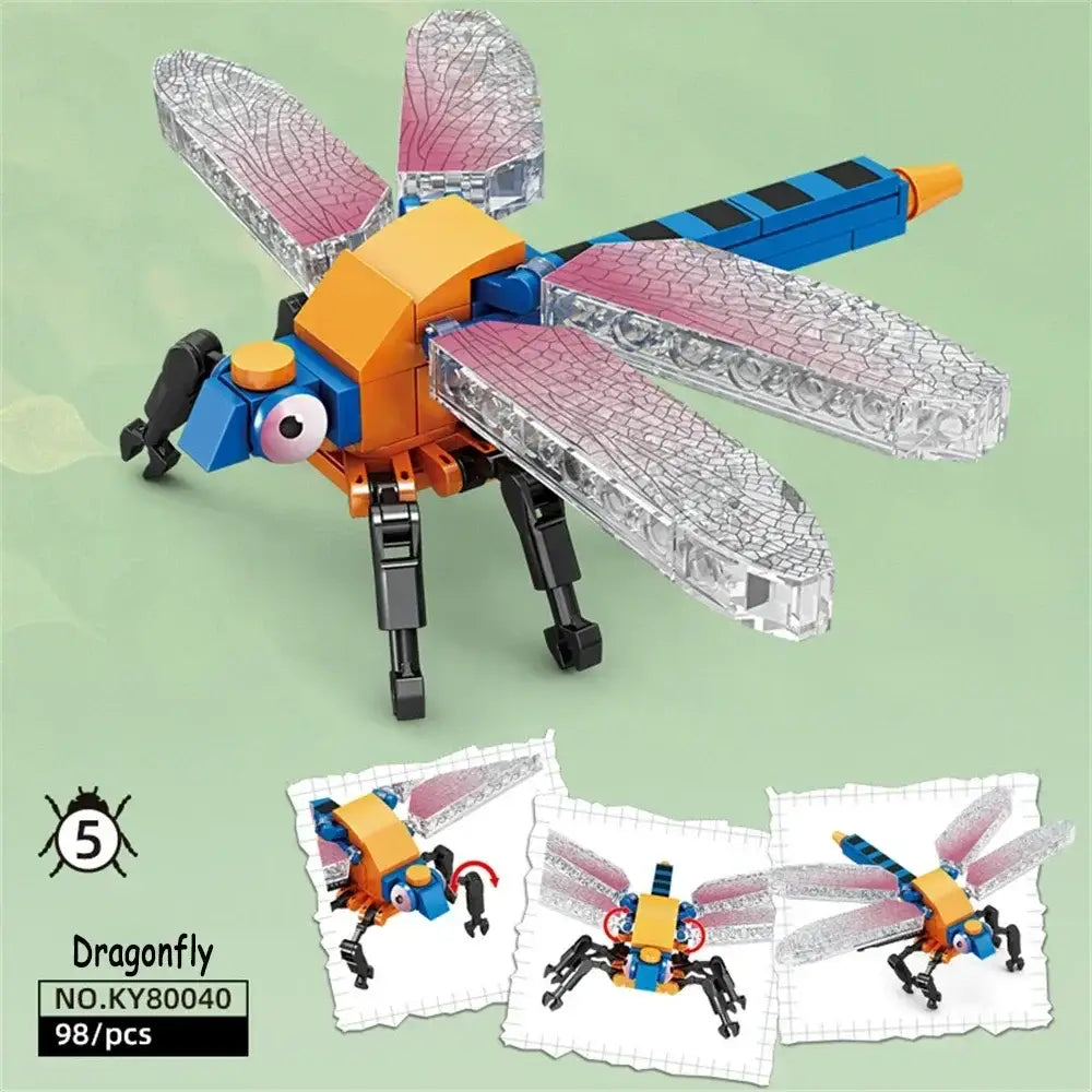 Ensemble lego moc insectes forêt représentant une libellule colorée avec ailes transparentes et corps orange et bleu