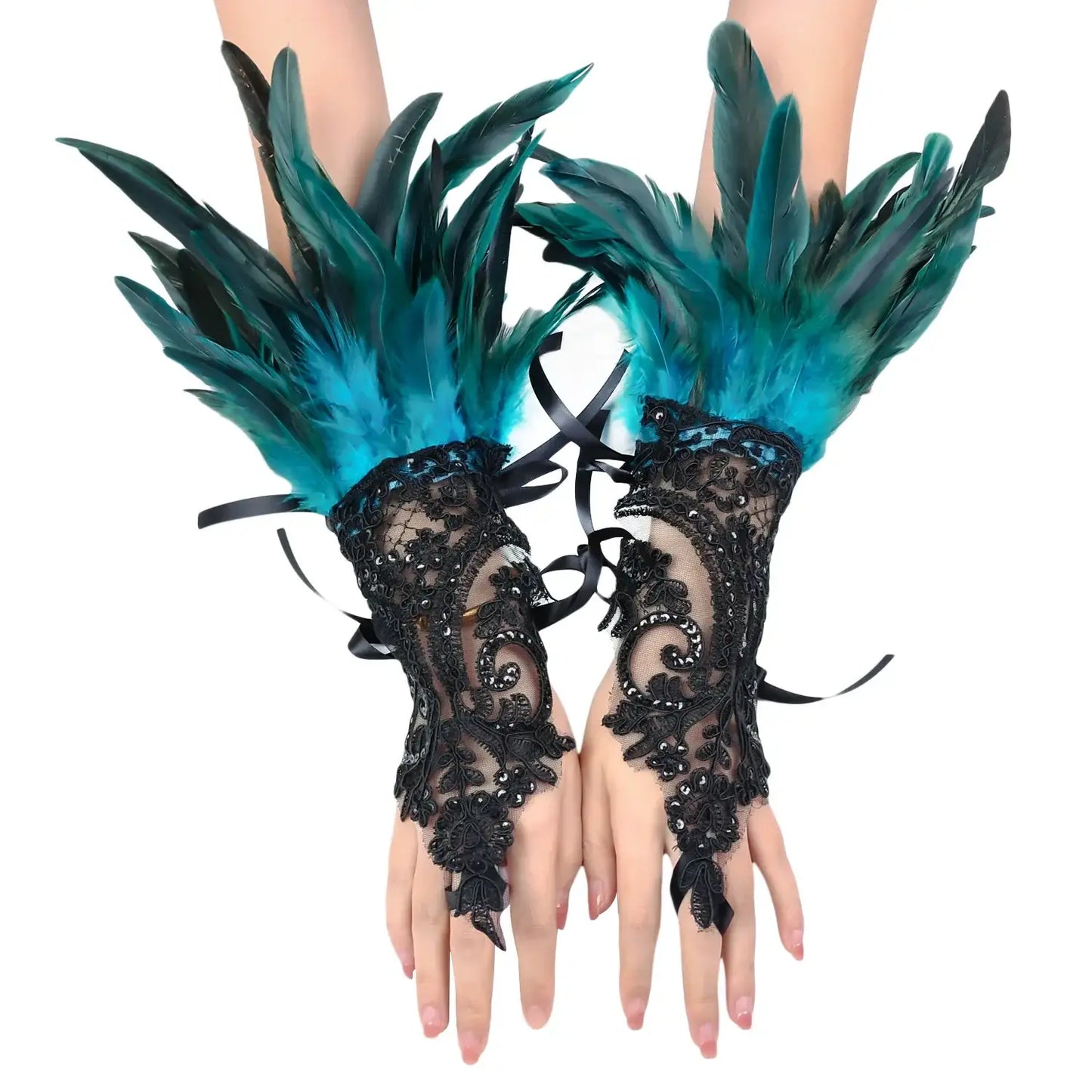 Mitaines élégantes noires en dentelle avec plumes teal et vert pour un bal masqué raffiné