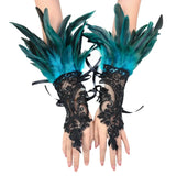 Mitaines élégantes noires en dentelle avec plumes teal et vert pour un bal masqué raffiné