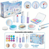 Coffret maquillage enfant bleu et blanc avec ombres à paupières pailletées, gloss, rouge à lèvres, pinceaux et miroir compact