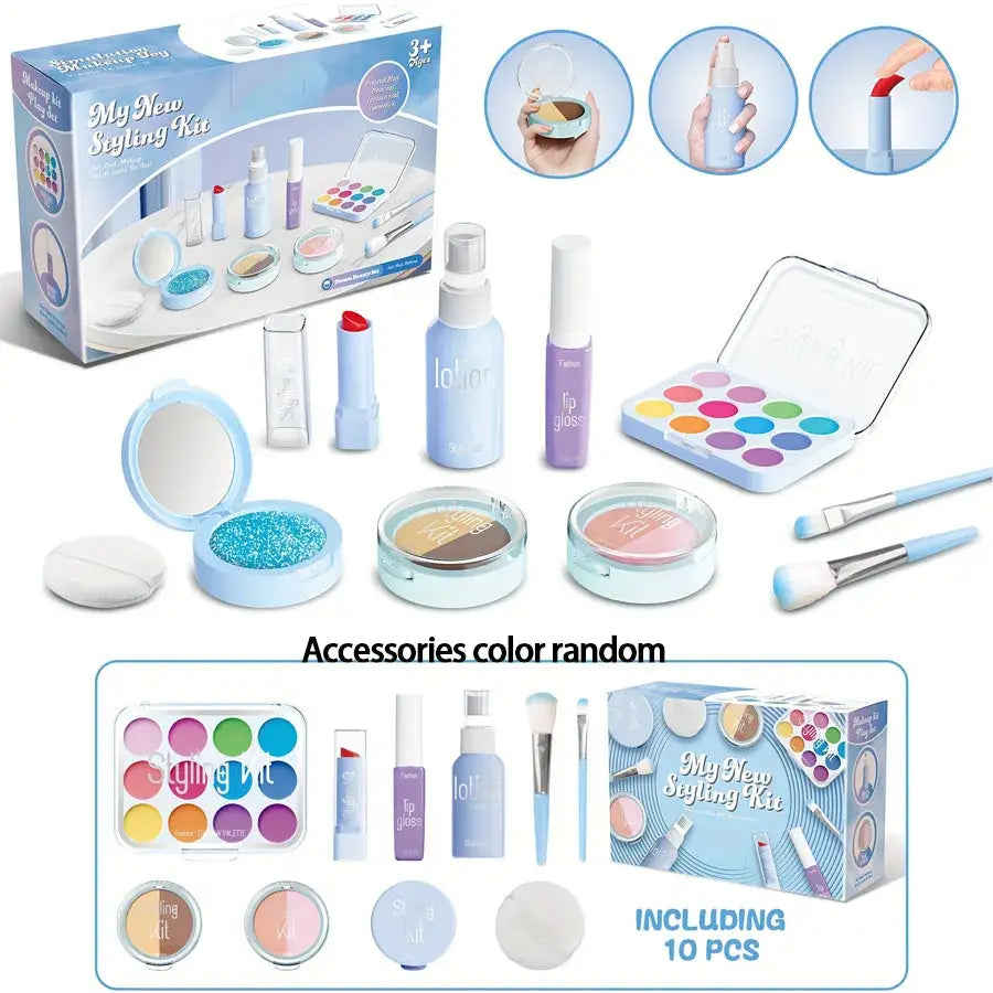 Coffret maquillage enfant bleu et blanc avec ombres à paupières pailletées, gloss, rouge à lèvres, pinceaux et miroir compact