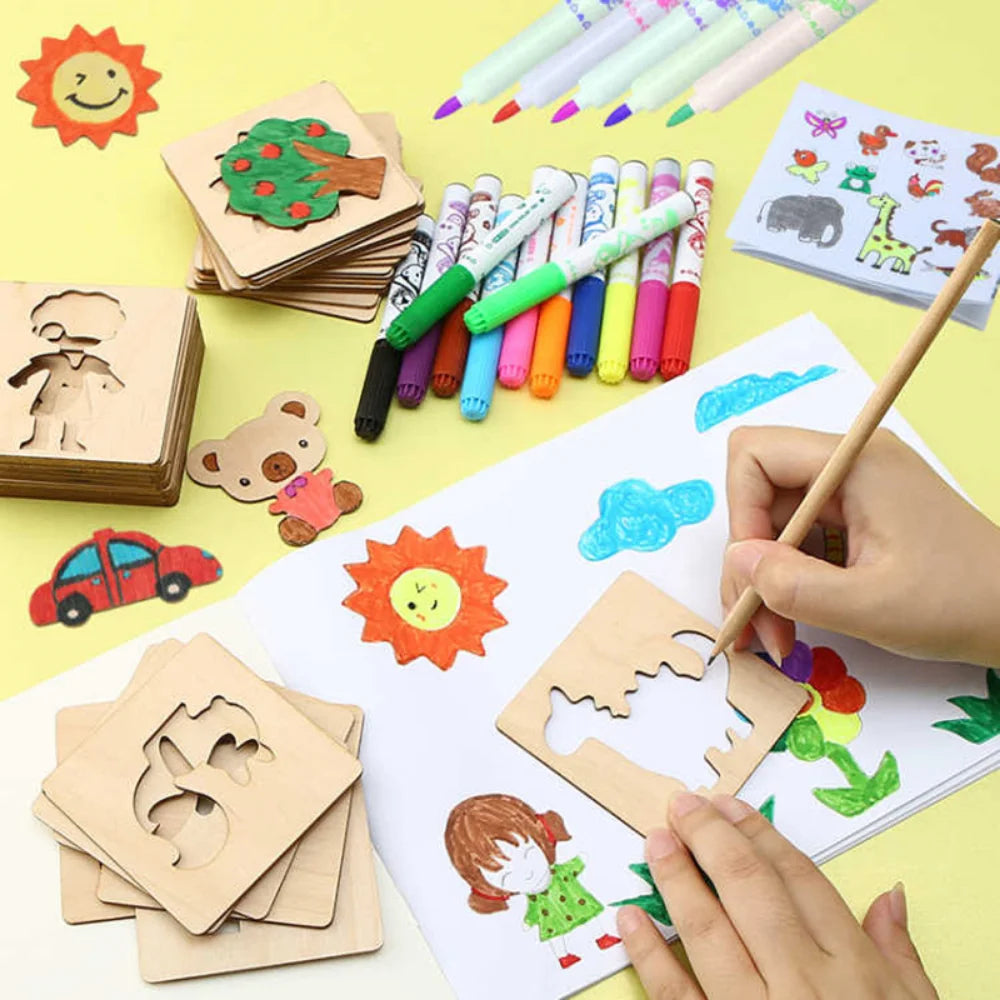 Pochoirs en Bois Montessori pour Enfants – 20 pièces + 3 stylos colorés