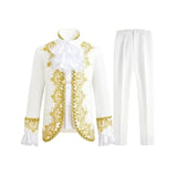 Déguisement prince charmant enfant en costume blanc avec broderies dorées et manches à volants élégant et raffiné