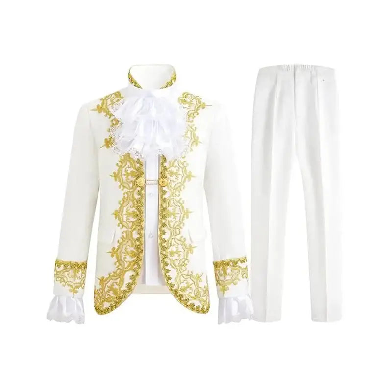 Déguisement prince charmant enfant en costume blanc avec broderies dorées et manches à volants élégant et raffiné