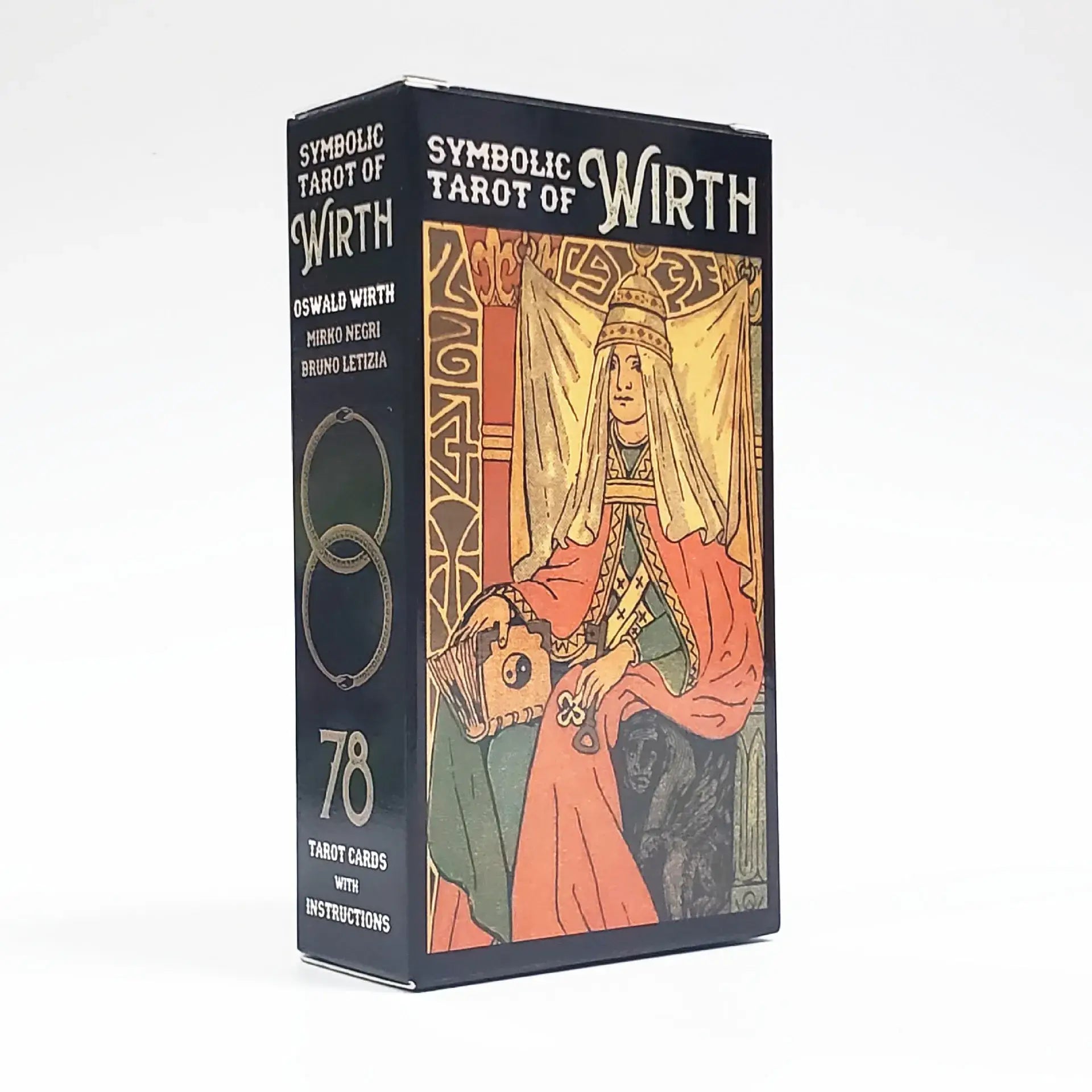 Boîte couleur noire du tarot français symbolique avec figure illustrée en robes ornées sur fond embossé or pour jeu divinatoire
