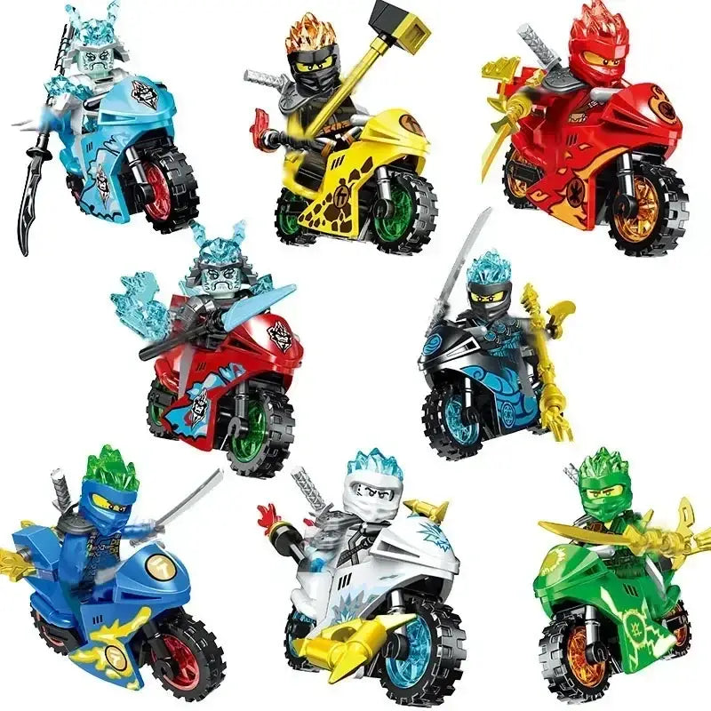 Ensemble de huit figurines lego ninjago colorées sur motos détaillées avec des designs thématiques inspirés lego ninjago dragon rising