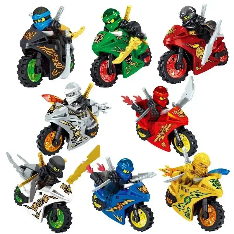 Ensemble de sept figurines lego ninjago motorcycle colorées avec armures détaillées dans lego ninjago dragon rising