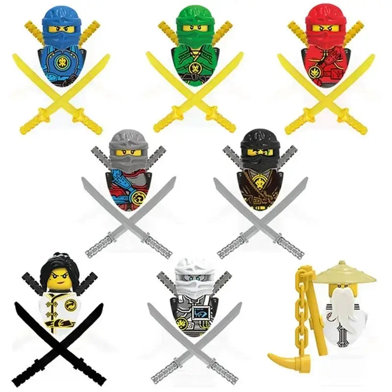 Ensemble de sept figurines lego ninjago colorées avec tenues ninja et accessoires pour lego ninjago dragon rising