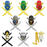 Ensemble de sept figurines lego ninjago colorées avec tenues ninja et accessoires pour lego ninjago dragon rising