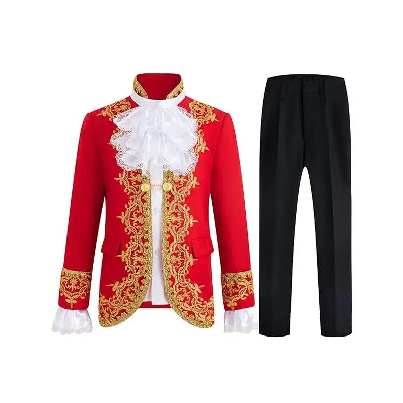 Déguisement prince charmant enfant avec veste en velours rouge, broderie dorée et volant en dentelle blanche