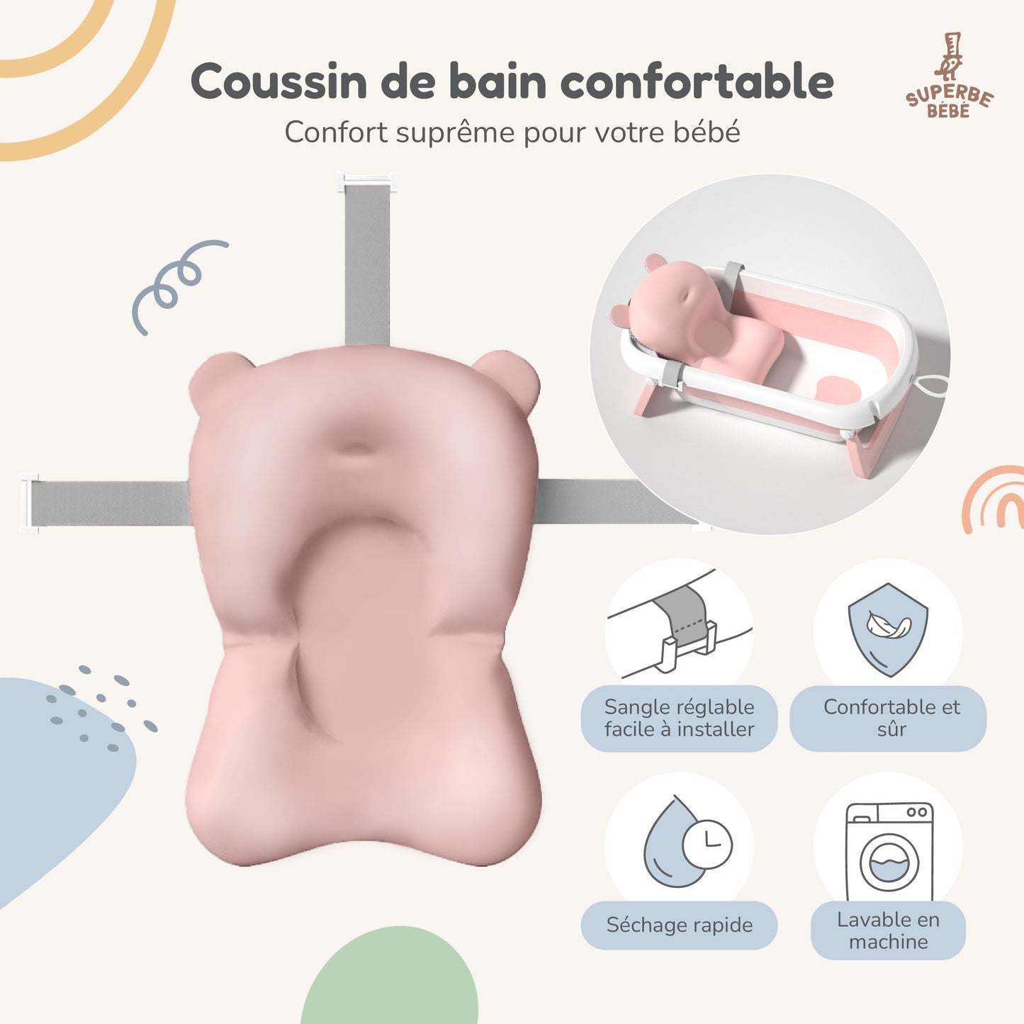 Baignoire bébé pliable sur pied – Transat ou coussin inclus