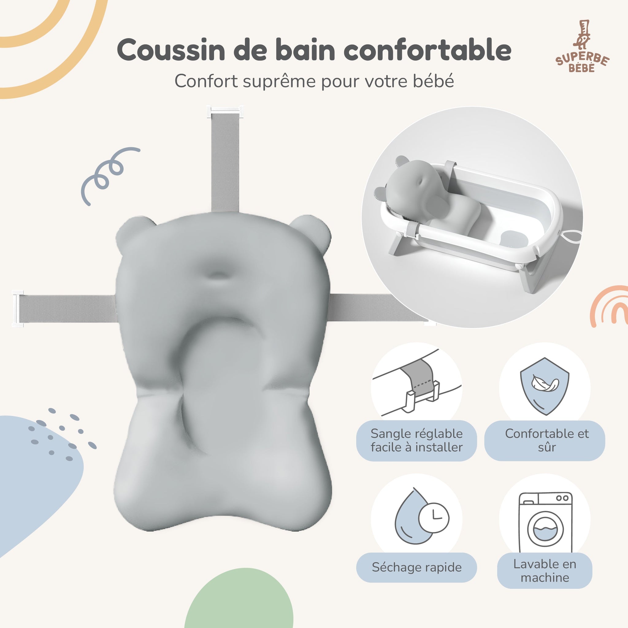 Baignoire bébé pliable sur pied – Transat ou coussin inclus
