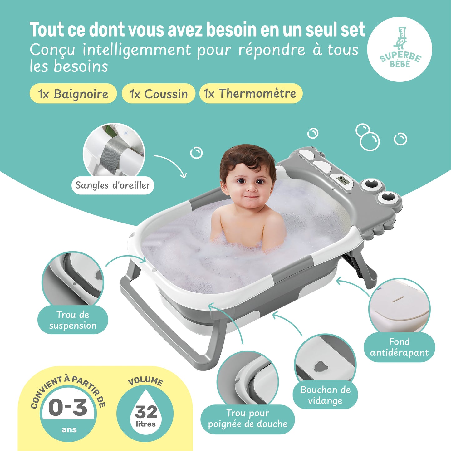 Baignoire bébé pliable compacte DINO – Coussin & thermomètre inclus