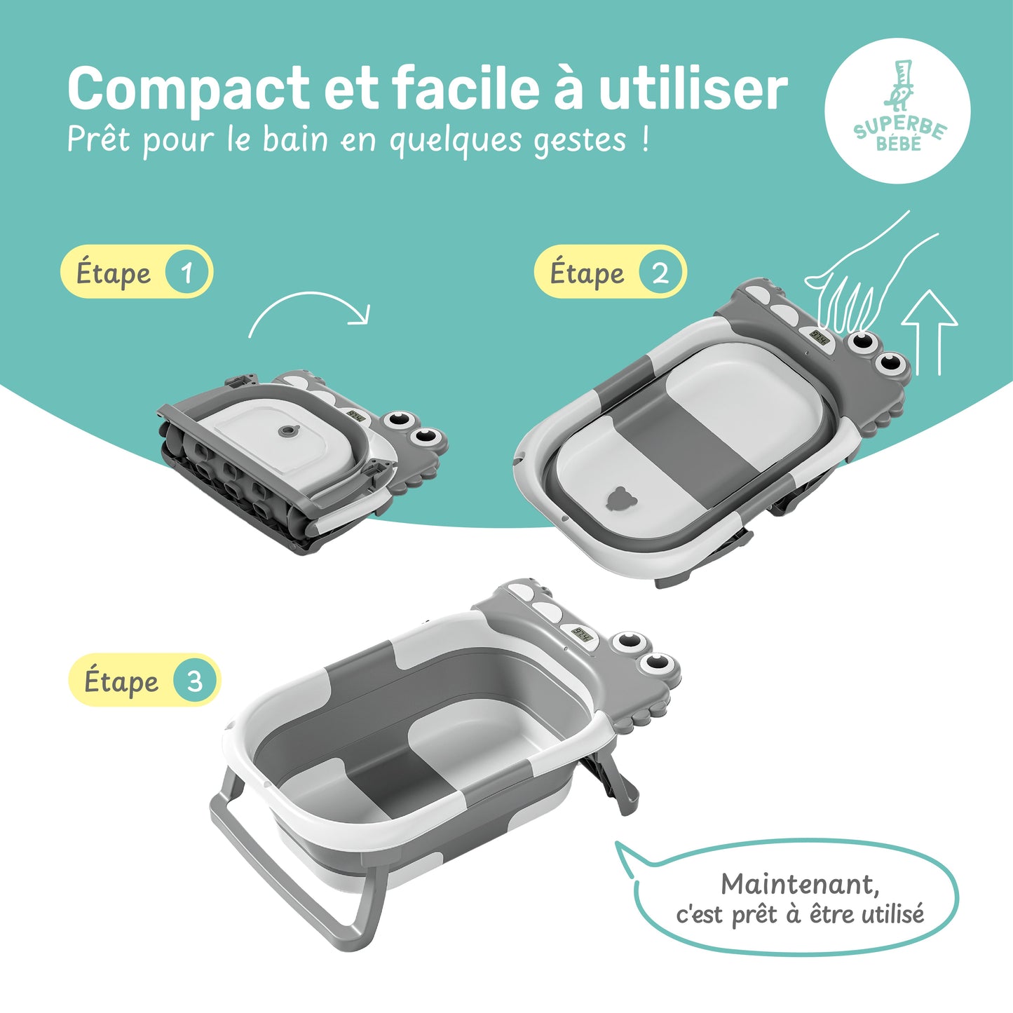 Baignoire bébé pliable compacte DINO – Coussin & thermomètre inclus