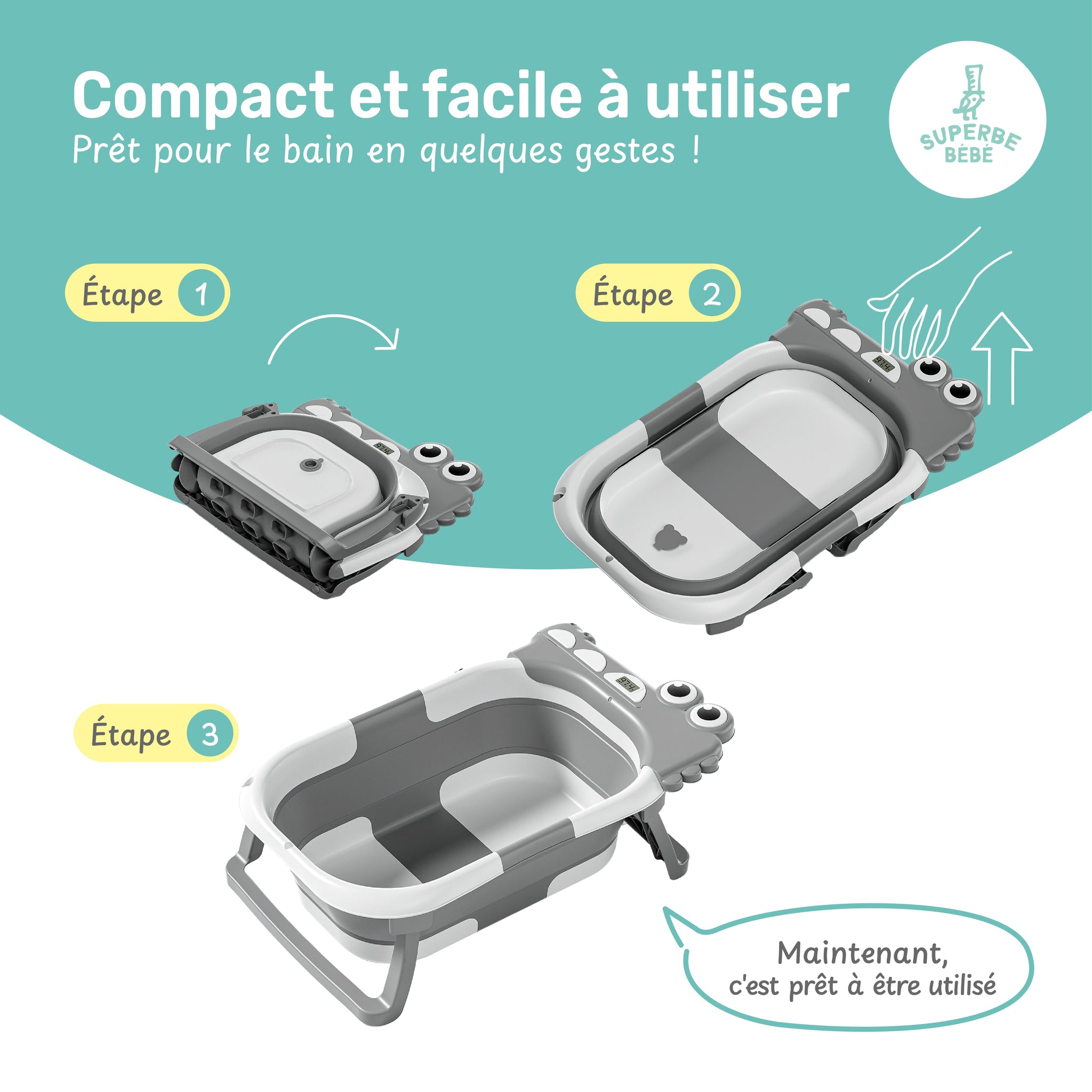 Baignoire bébé pliable compacte DINO – Coussin & thermomètre inclus