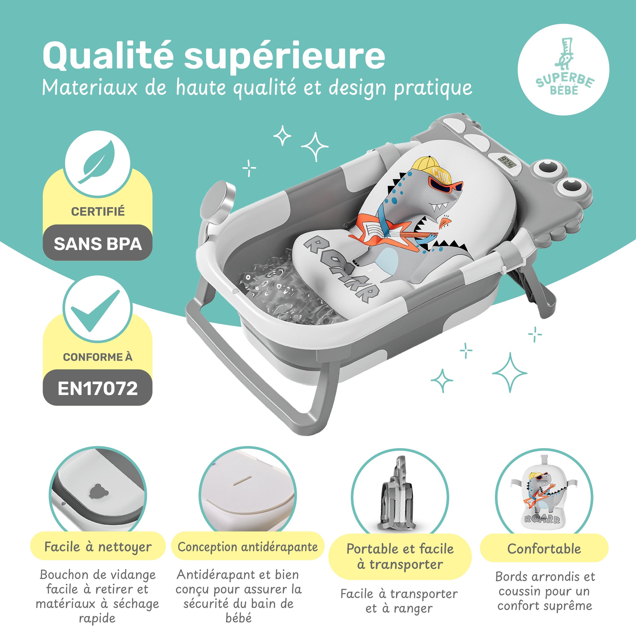 Baignoire bébé pliable compacte DINO – Coussin & thermomètre inclus