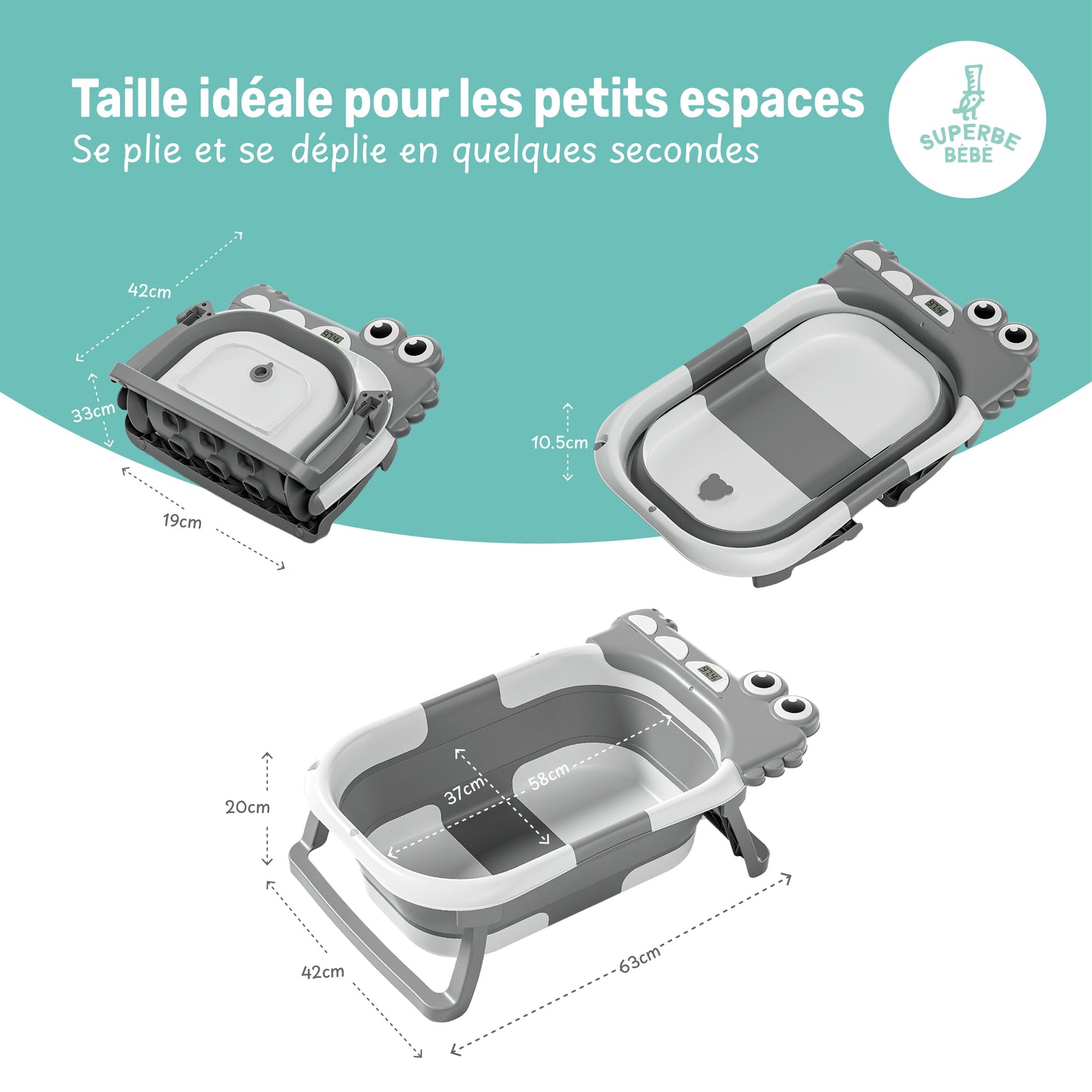 Baignoire bébé pliable compacte DINO – Coussin & thermomètre inclus