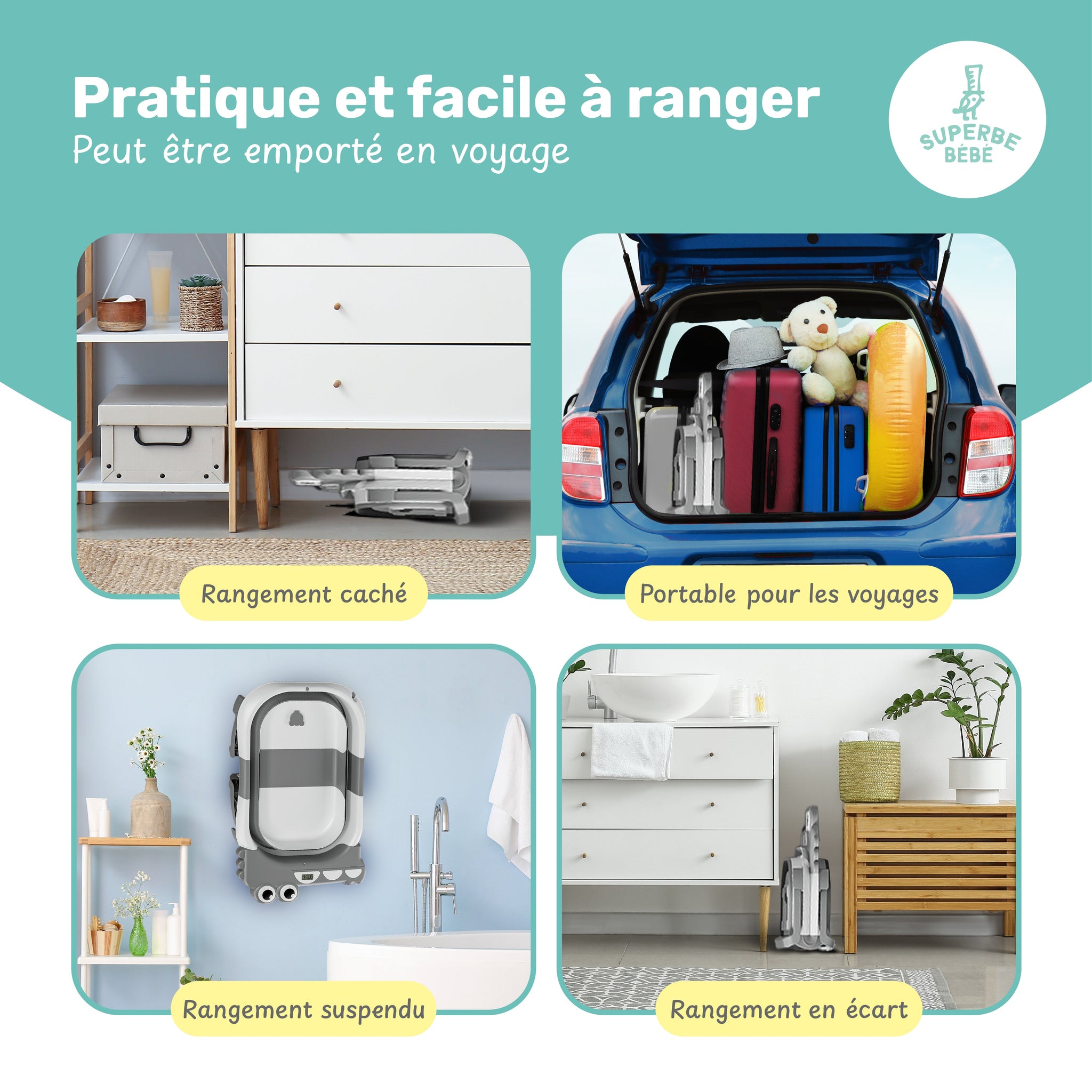 Baignoire bébé pliable compacte DINO – Coussin & thermomètre inclus