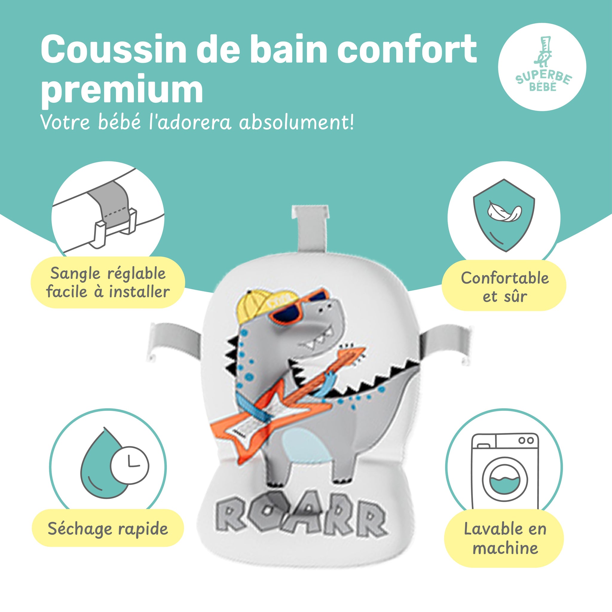 Baignoire bébé pliable compacte DINO – Coussin & thermomètre inclus