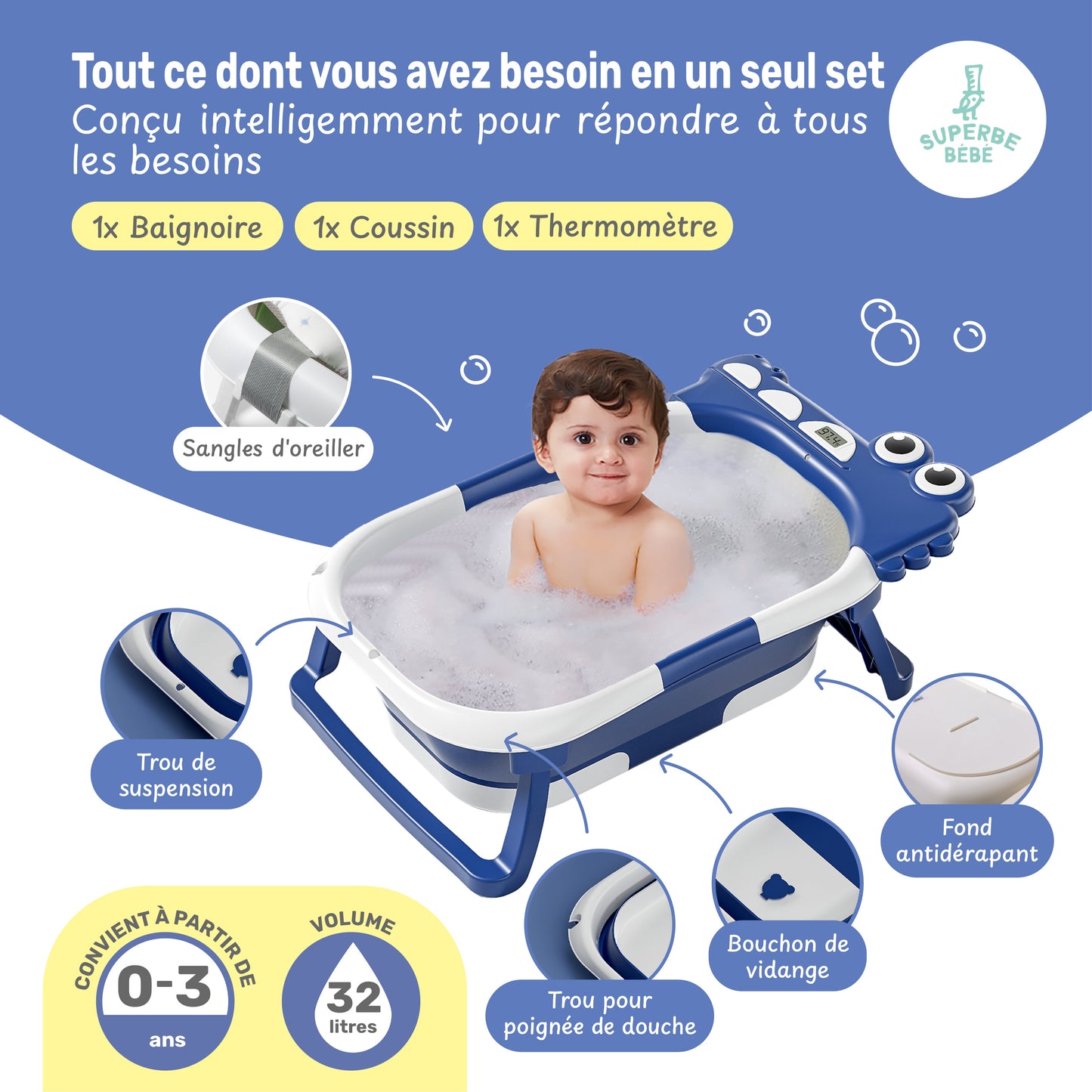Baignoire bébé pliable compacte DINO – Coussin & thermomètre inclus