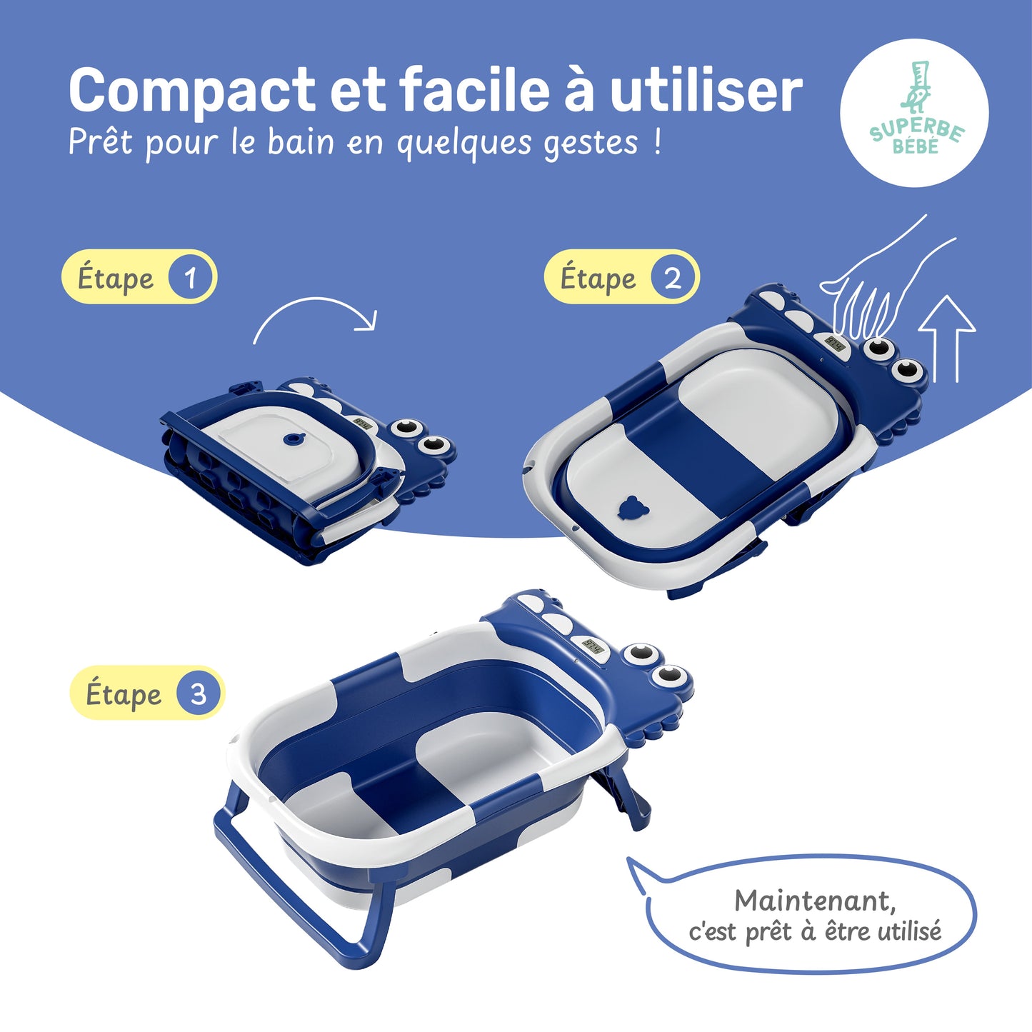Baignoire bébé pliable compacte DINO – Coussin & thermomètre inclus