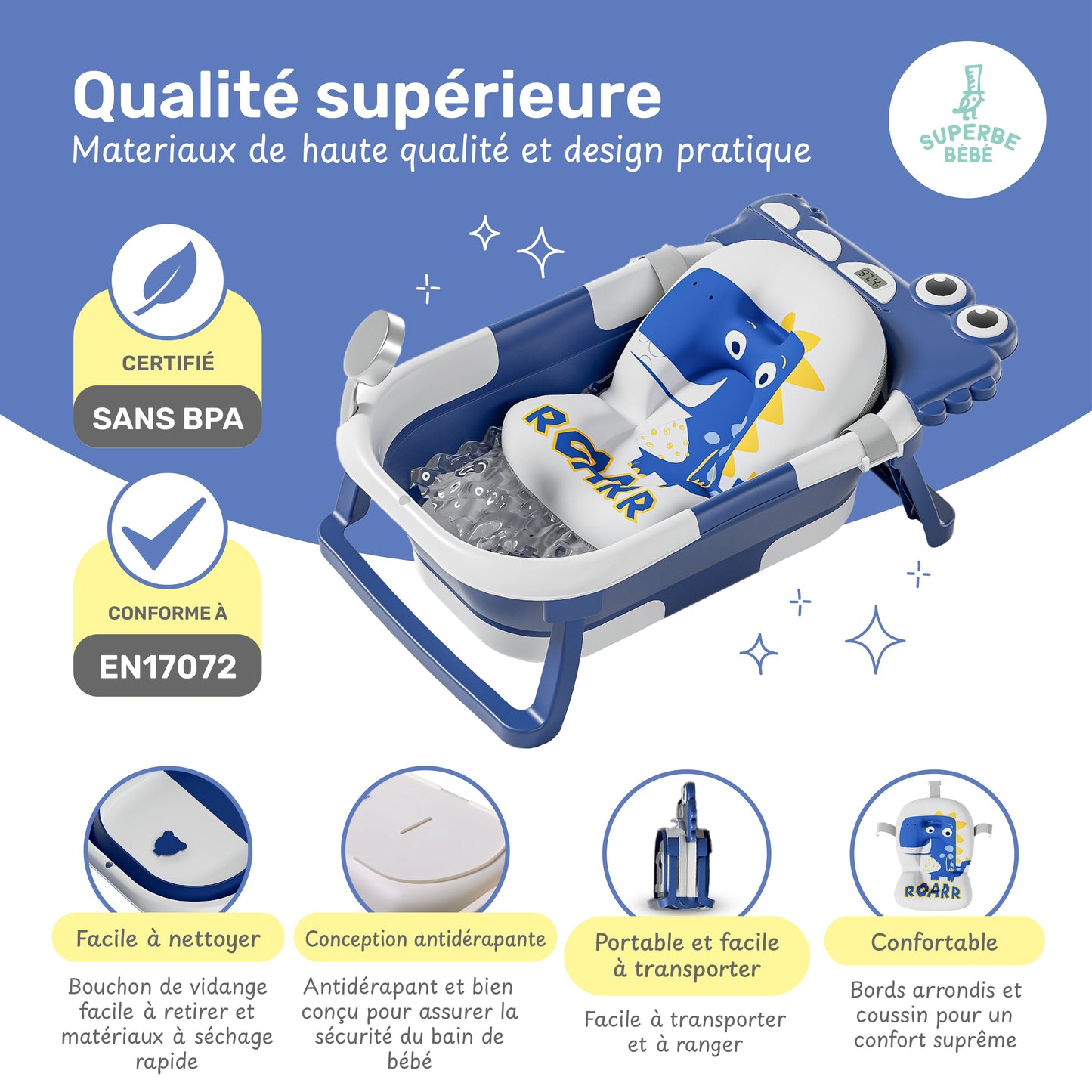 Baignoire bébé pliable compacte DINO – Coussin & thermomètre inclus
