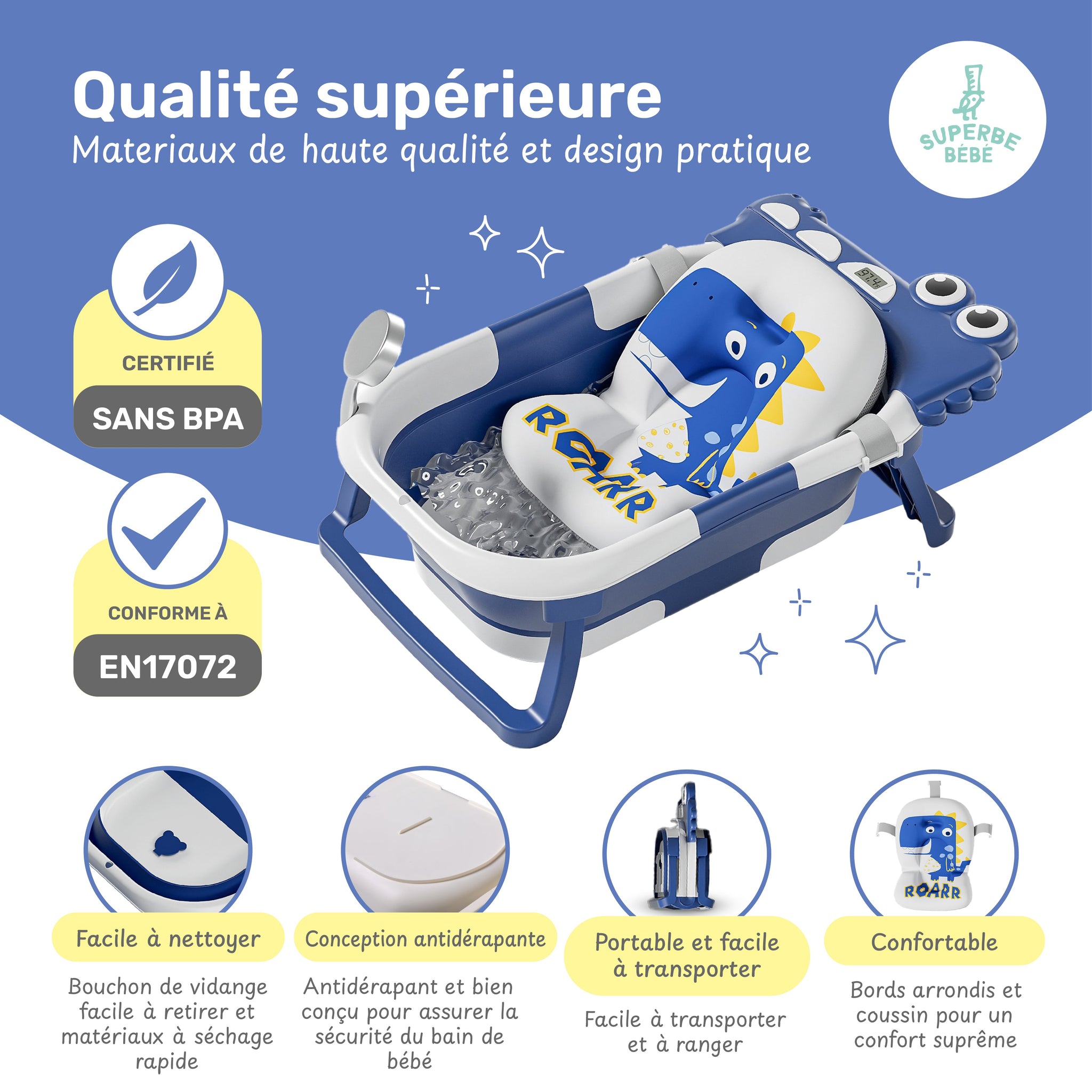 Baignoire bébé pliable compacte DINO – Coussin & thermomètre inclus