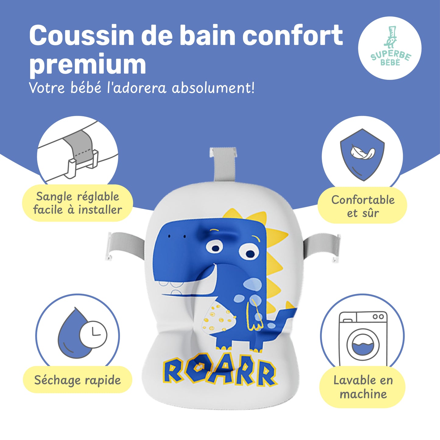 Baignoire bébé pliable compacte DINO – Coussin & thermomètre inclus