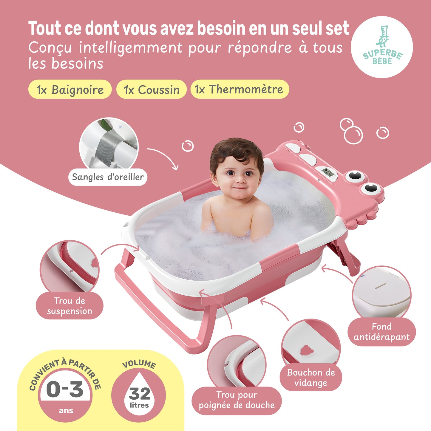 Baignoire bébé pliable compacte DINO – Coussin & thermomètre inclus
