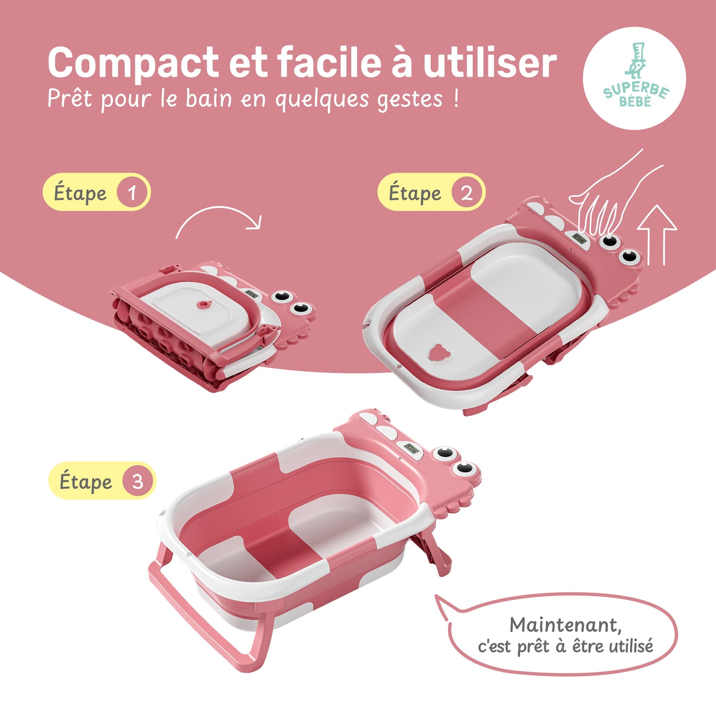 Baignoire bébé pliable compacte DINO – Coussin & thermomètre inclus