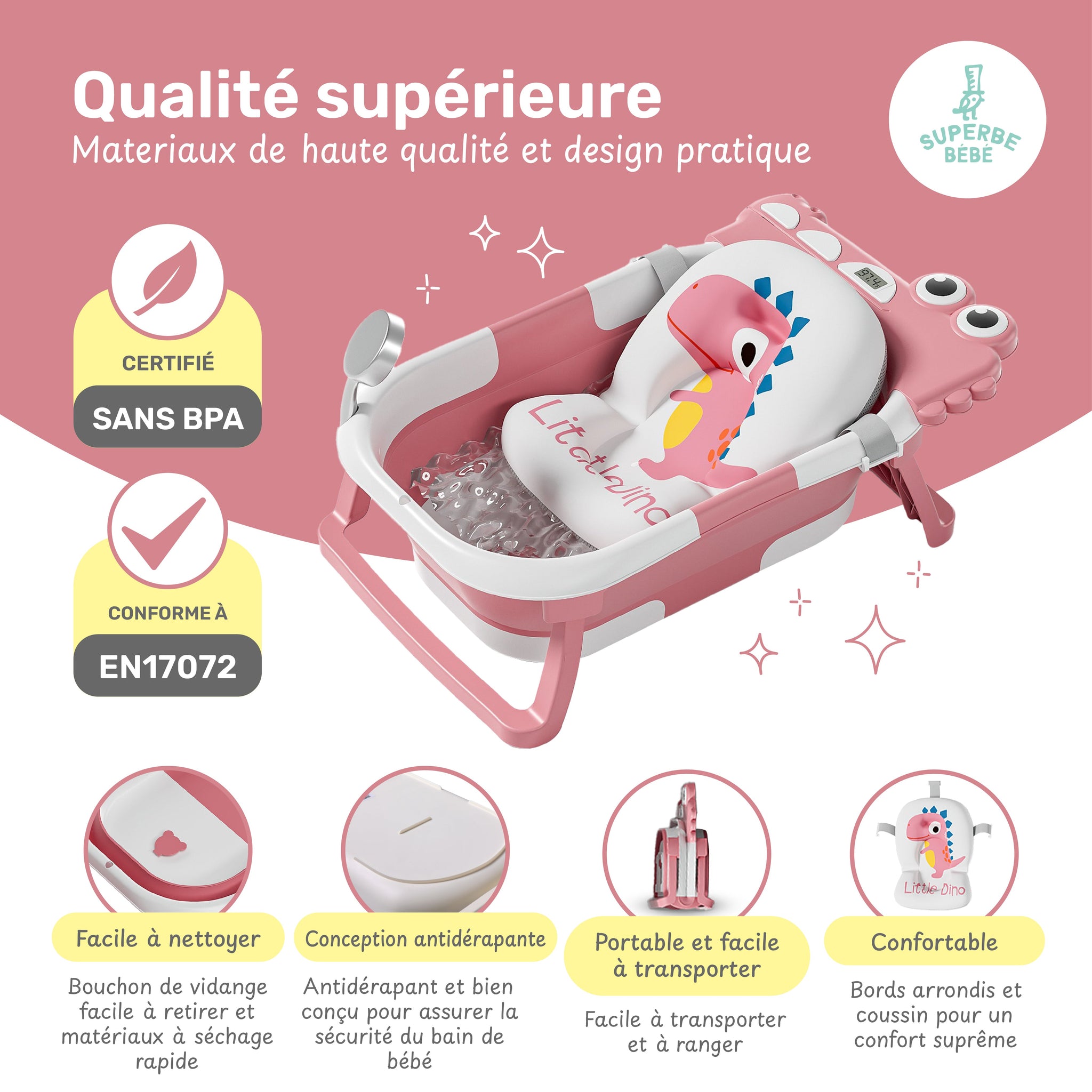 Baignoire bébé pliable compacte DINO – Coussin & thermomètre inclus