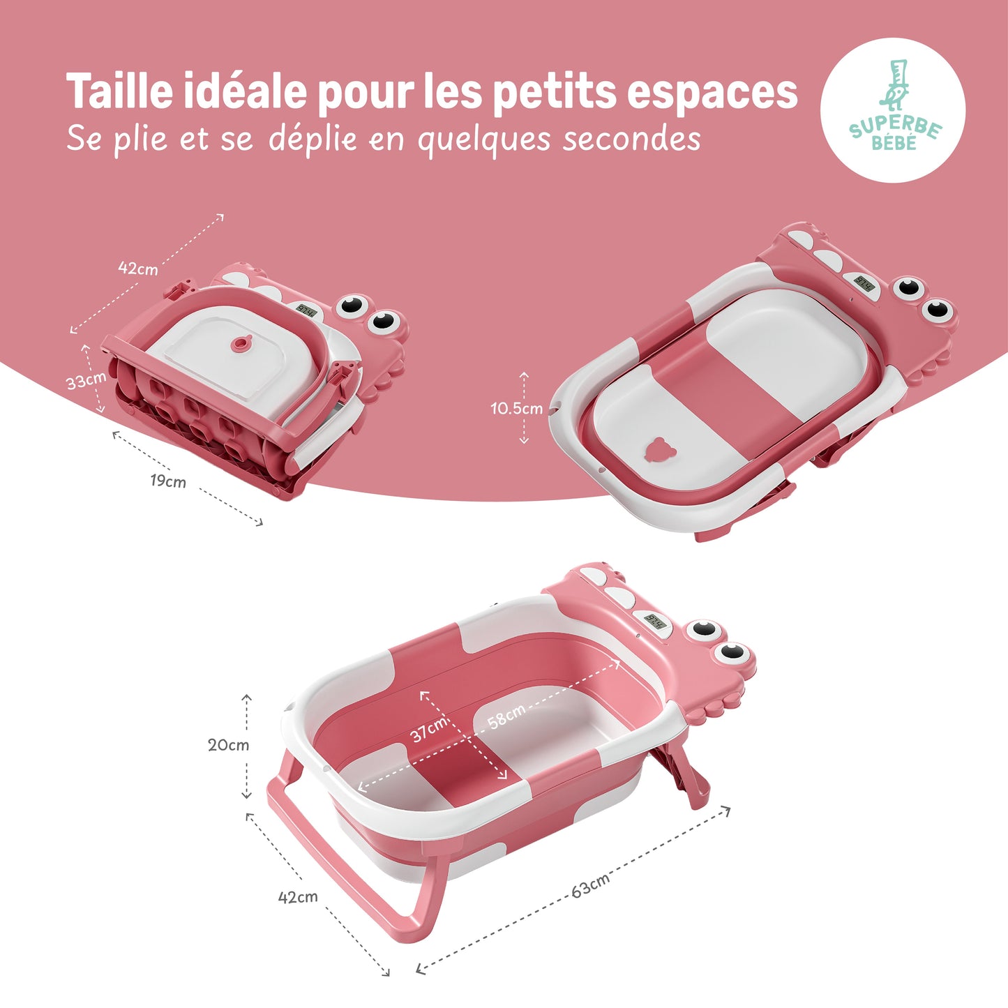 Baignoire bébé pliable compacte DINO – Coussin & thermomètre inclus