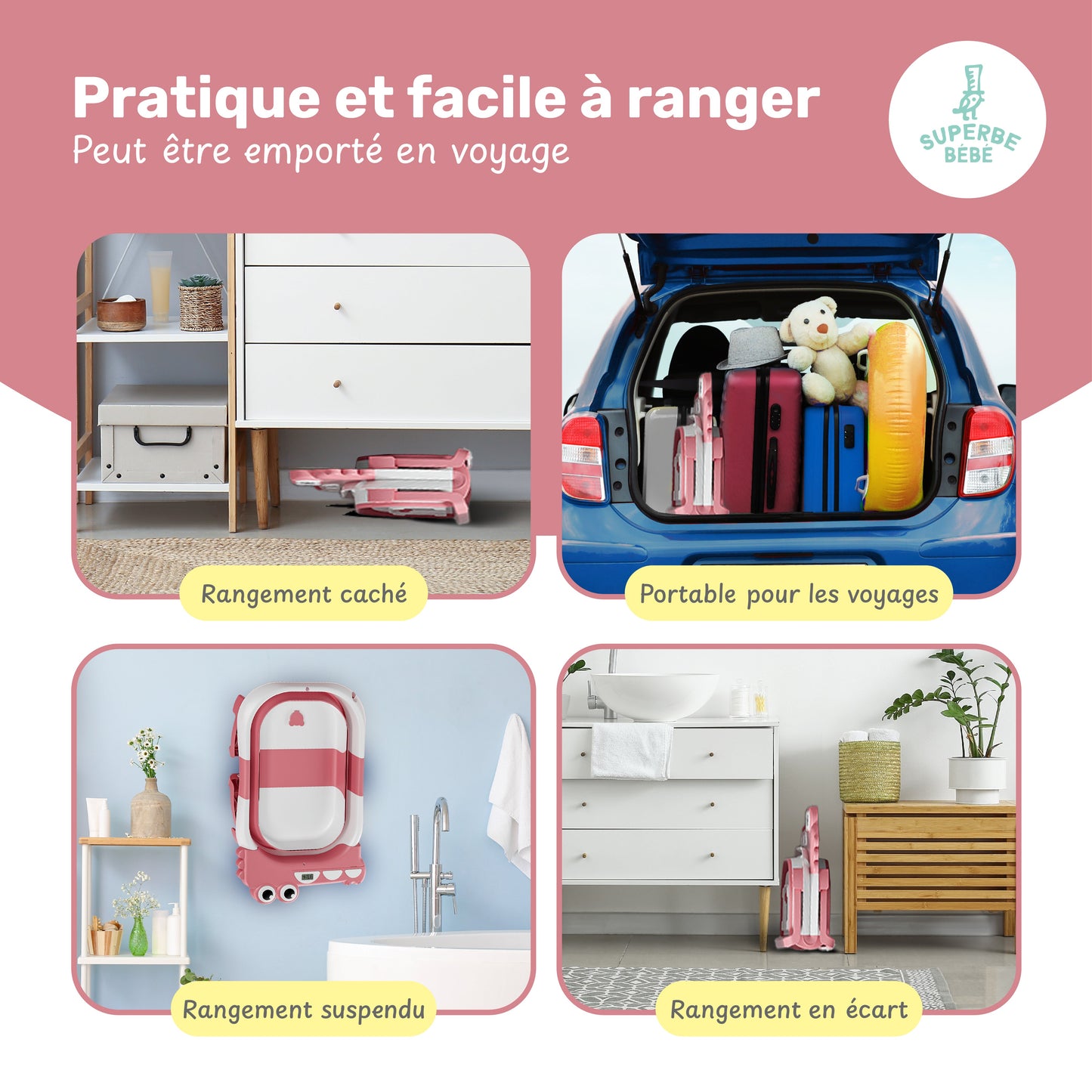 Baignoire bébé pliable compacte DINO – Coussin & thermomètre inclus